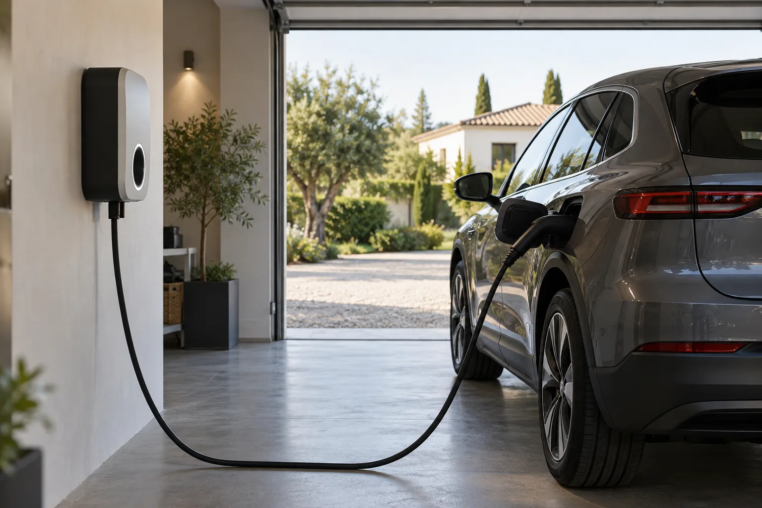 Borne de recharge domestique reliée à un véhicule électrique