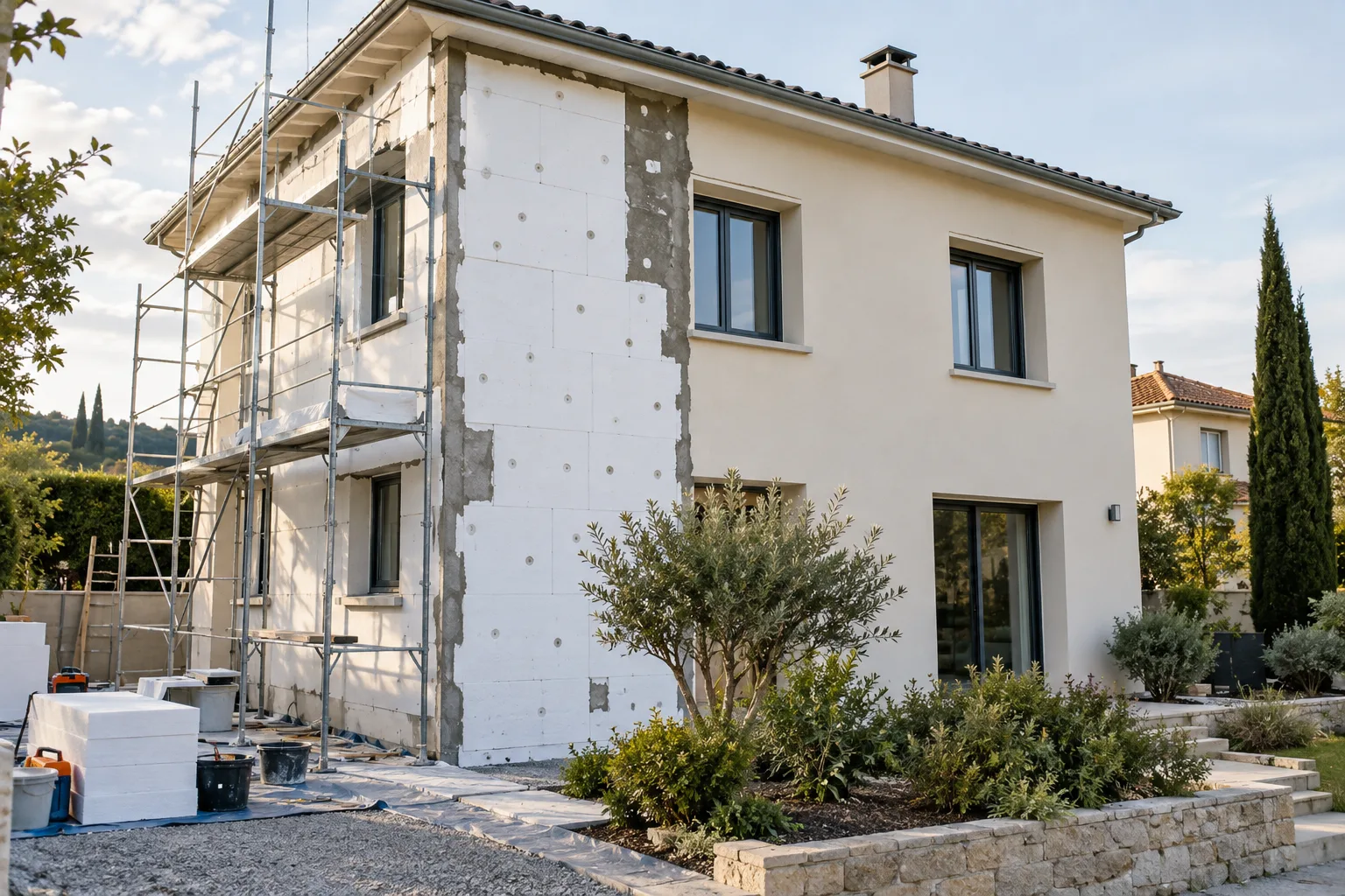 Chantier d’isolation thermique par l’extérieur sur une maison