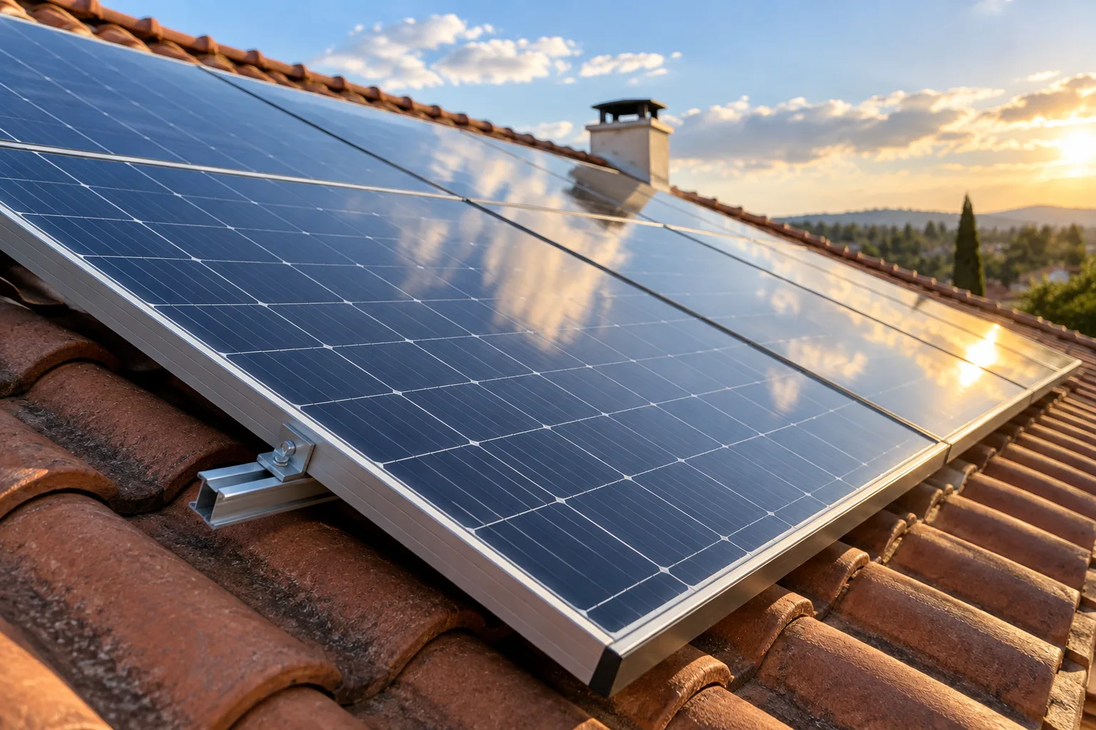 Détail de panneaux photovoltaïques installés sur une toiture en tuiles