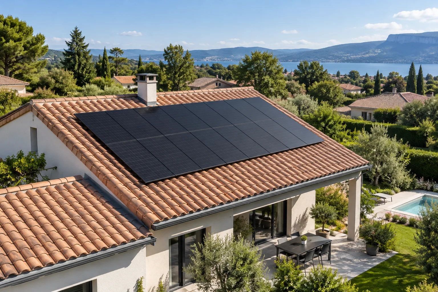 Toiture résidentielle équipée de panneaux solaires photovoltaïques